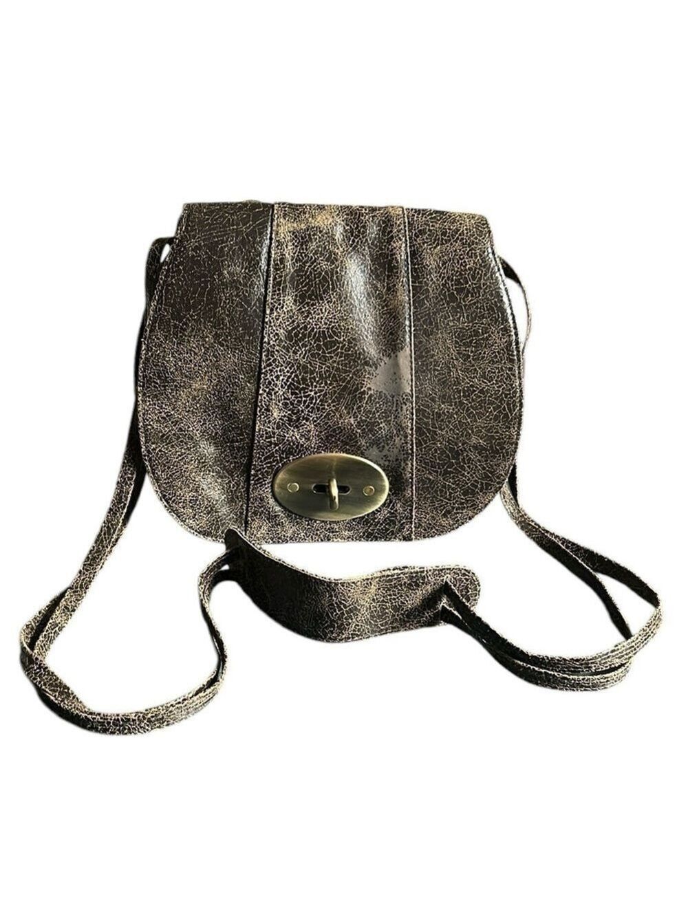 Bryna Nicole Saddle Bag Crossbody in Distressed Brown Leather with Brass Clasp